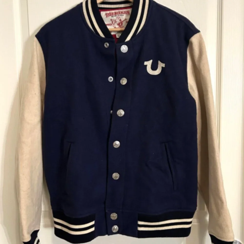 True Religion Varsity Letterman Jacket Wool Blend Snap Front Y2K Streetwear - Picture 2 of 12